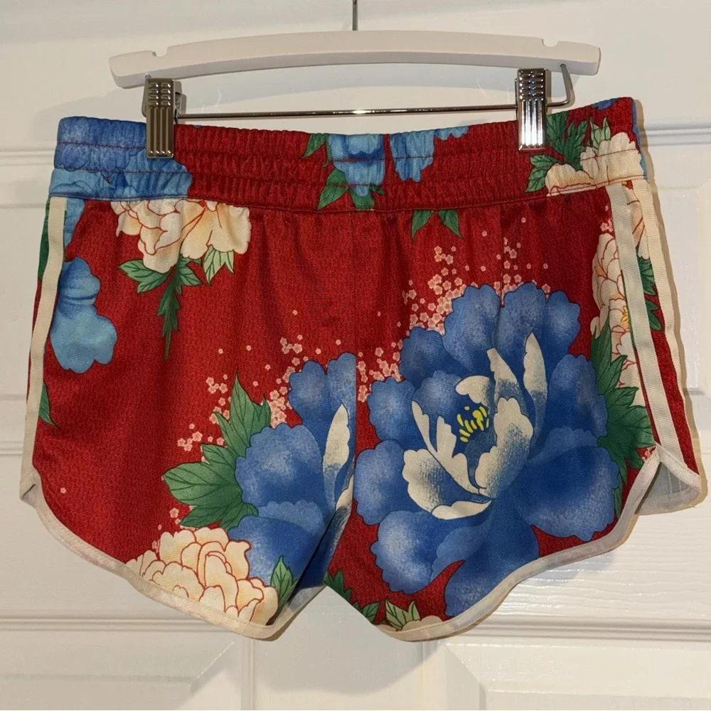 adidas Red Floral Athletic Shorts with Blue and Cream Flowers - Picture 4 of 7